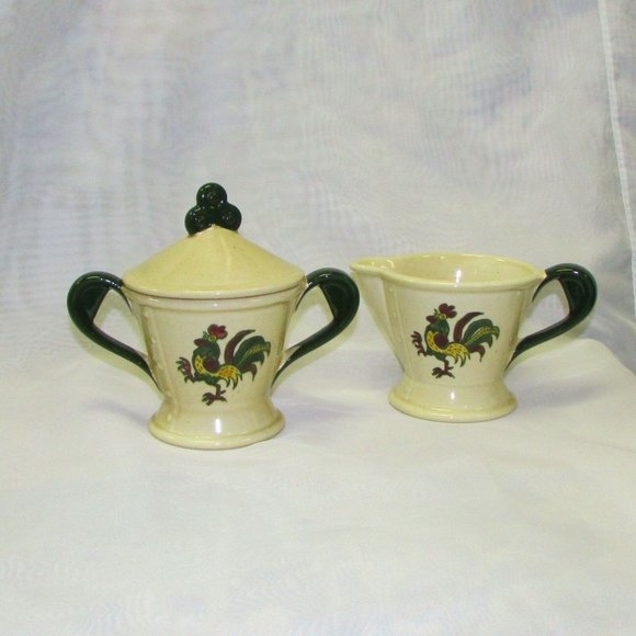 Vintage Metlox Poppytrail Creamer & Sugar Bowl Set Provincial Rooster Decor - Picture 1 of 7